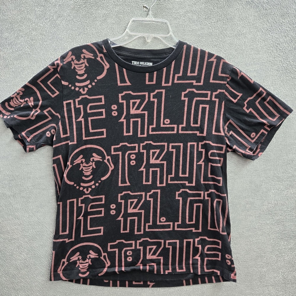 True Religion Men Shirt L Black Graphic Buddha Tee Logo Short Sleeve